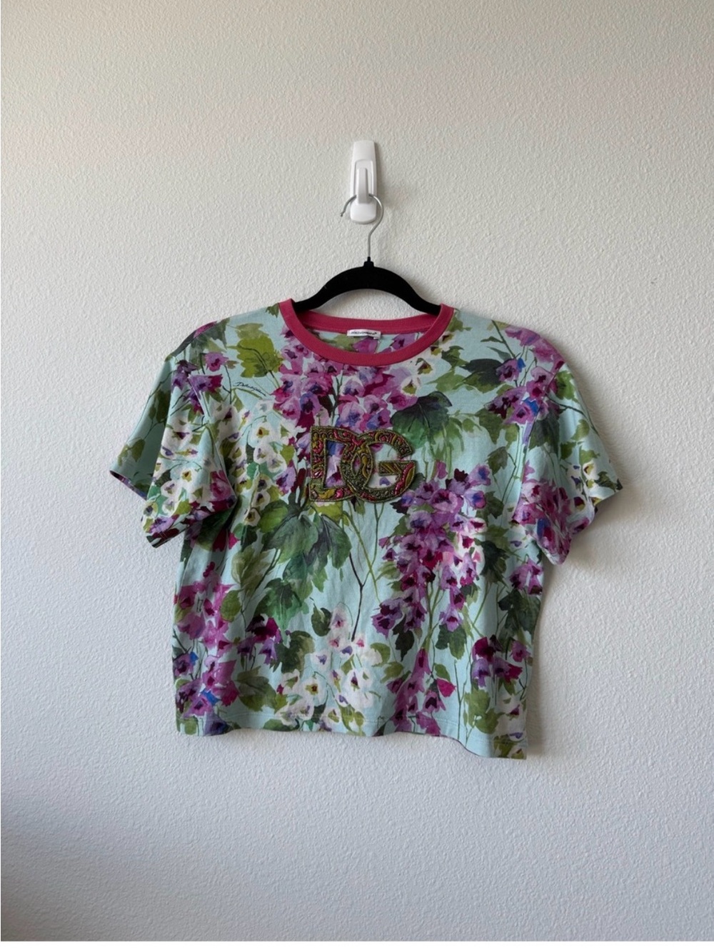 Dolce & Gabbana Mint Floral Crop Top with Pink Blossoms